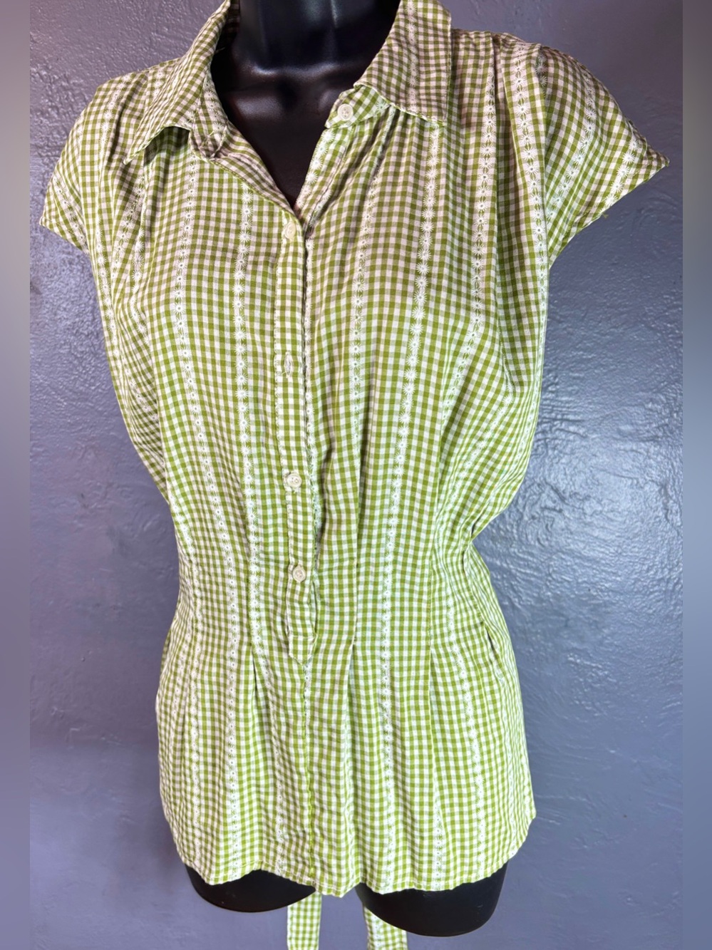 MAX STUDIO Green and White Gingham Cotton Blouse Size L